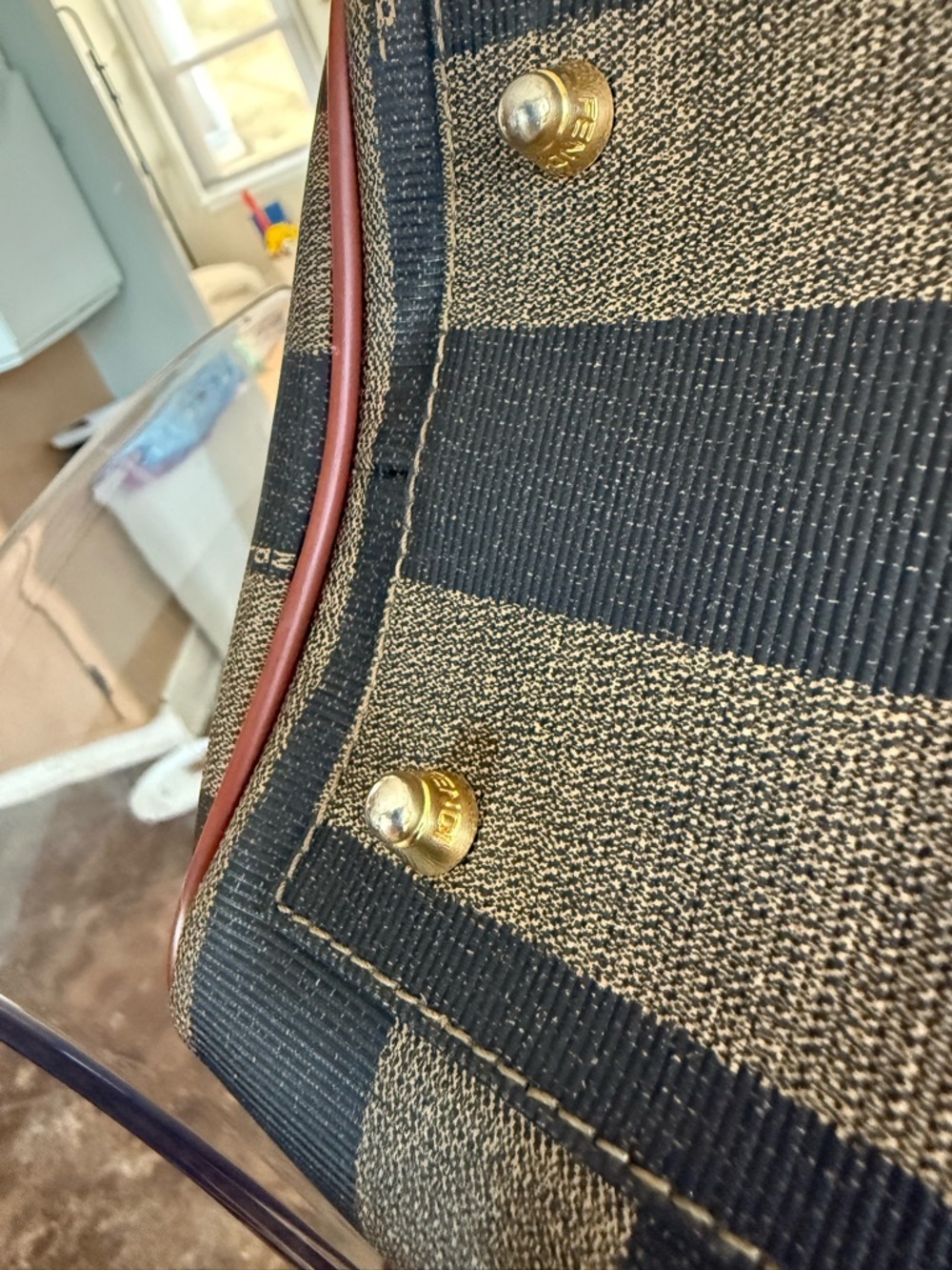 Fendi Brown and Black Striped Canvas Shoulder Bag with Tan Leather Trim - Picture 8 of 16